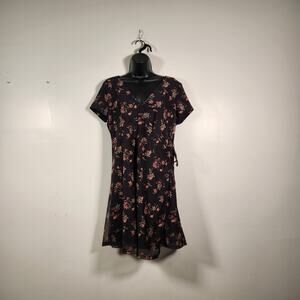 SO SS Knit Faux Wrap Mini Dress Junior M Black Orange Floral Bow Mesh Whimsigoth